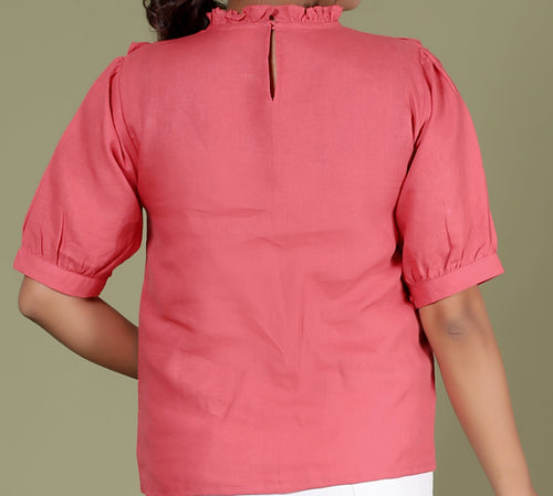 VINTAGE CHARM LINEN TOP WITH RUFFLE YOKE