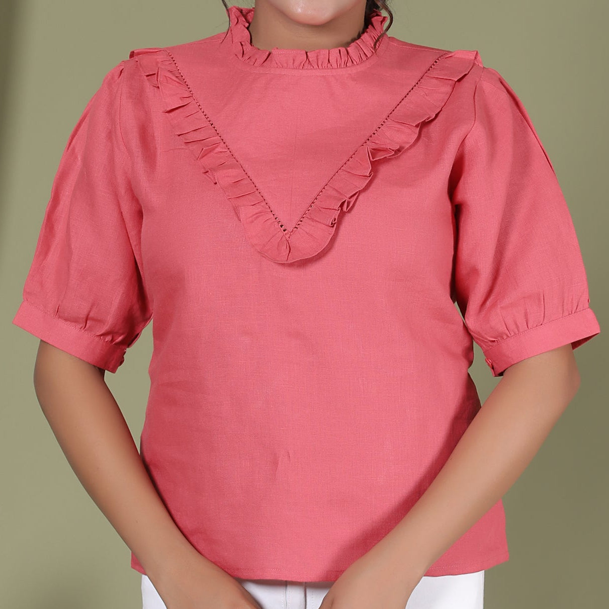 VINTAGE CHARM LINEN TOP WITH RUFFLE YOKE