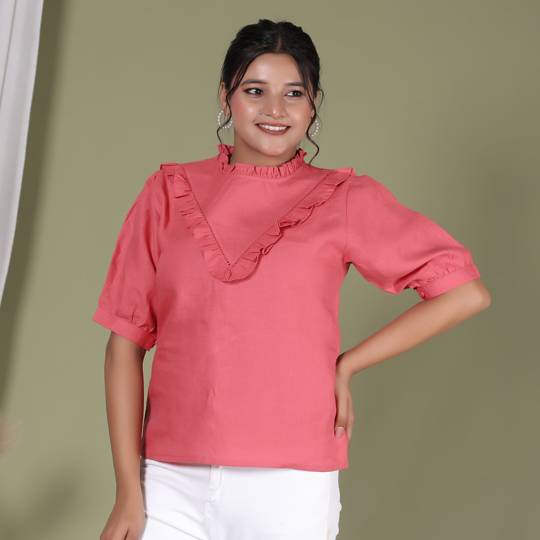 VINTAGE CHARM LINEN TOP WITH RUFFLE YOKE