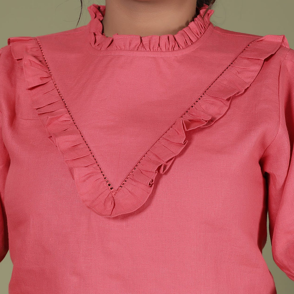 VINTAGE CHARM LINEN TOP WITH RUFFLE YOKE