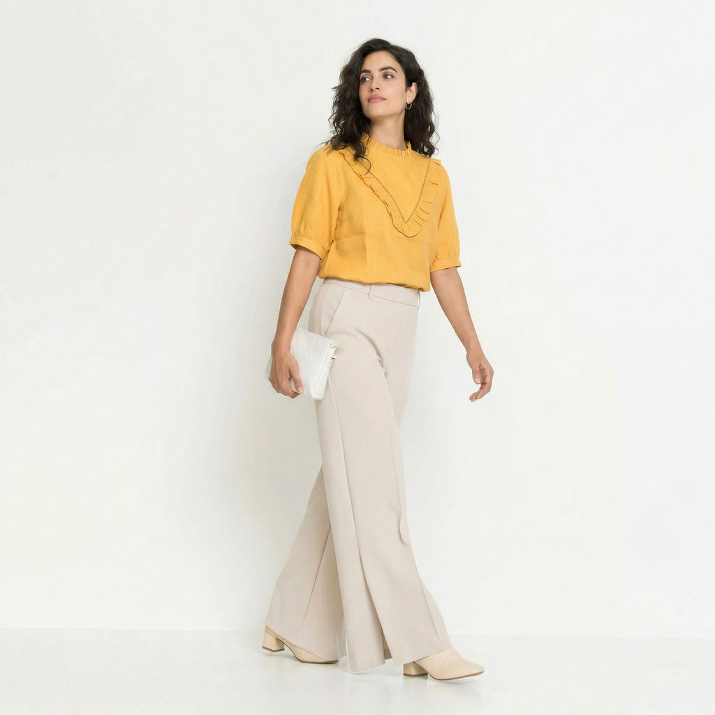 VINTAGE CHARM LINEN TOP WITH RUFFLE YOKE