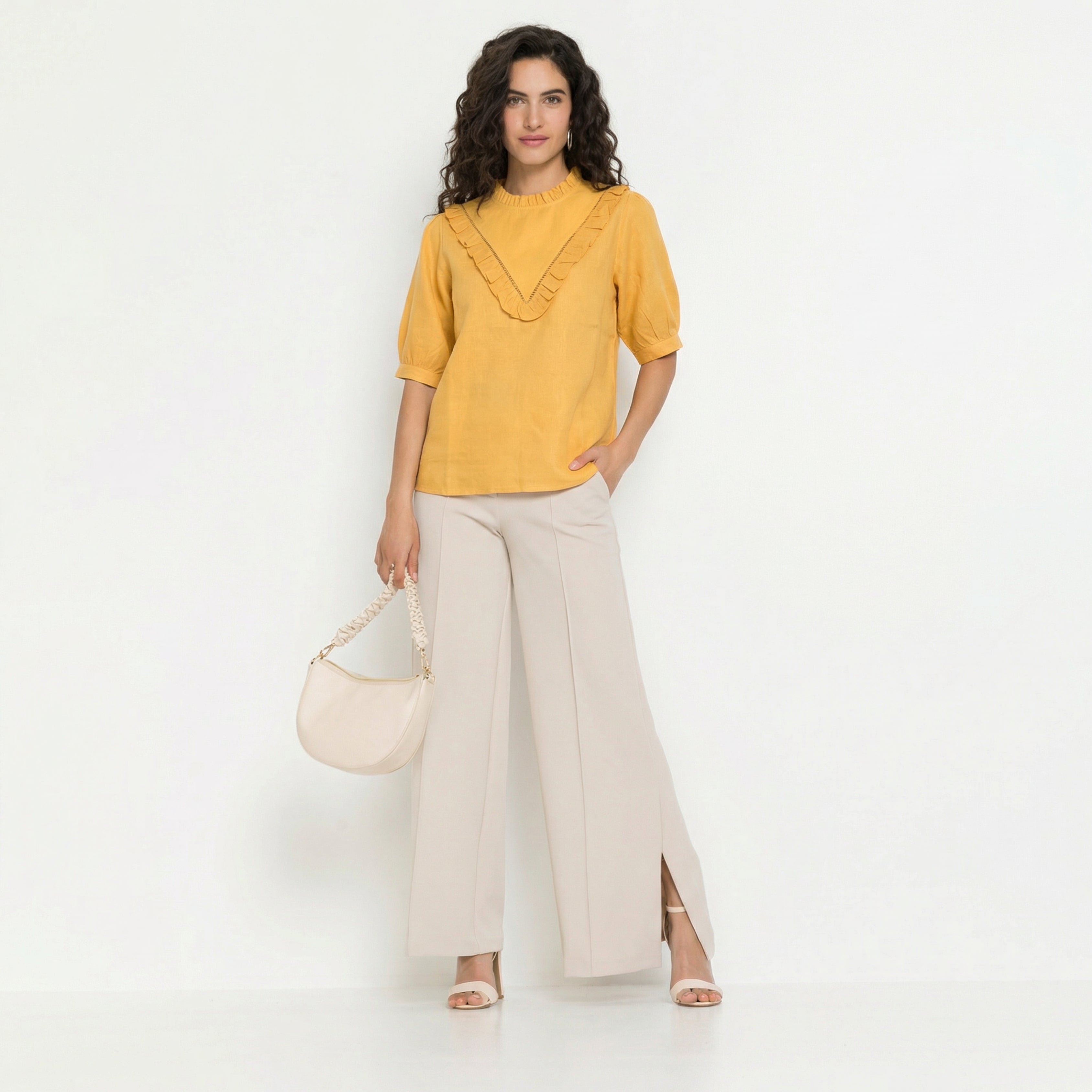 VINTAGE CHARM LINEN TOP WITH RUFFLE YOKE