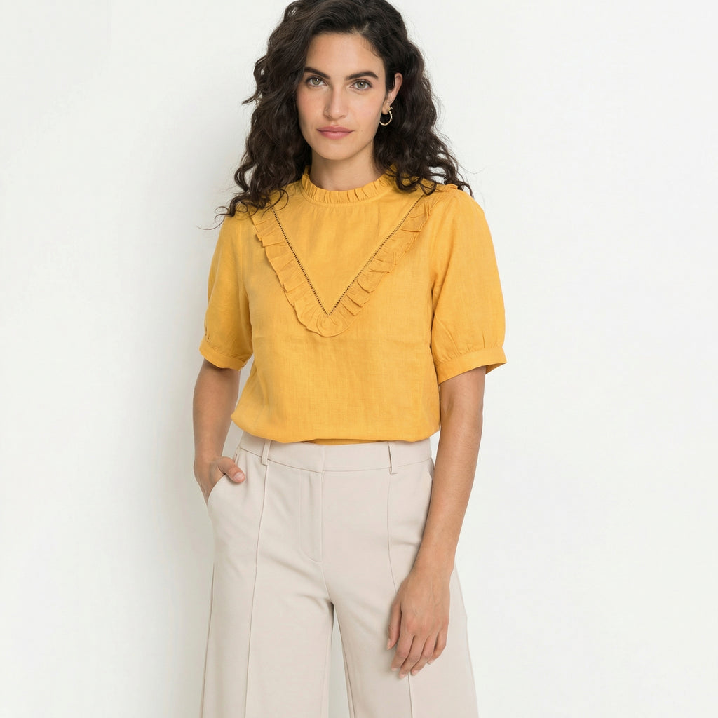 VINTAGE CHARM LINEN TOP WITH RUFFLE YOKE