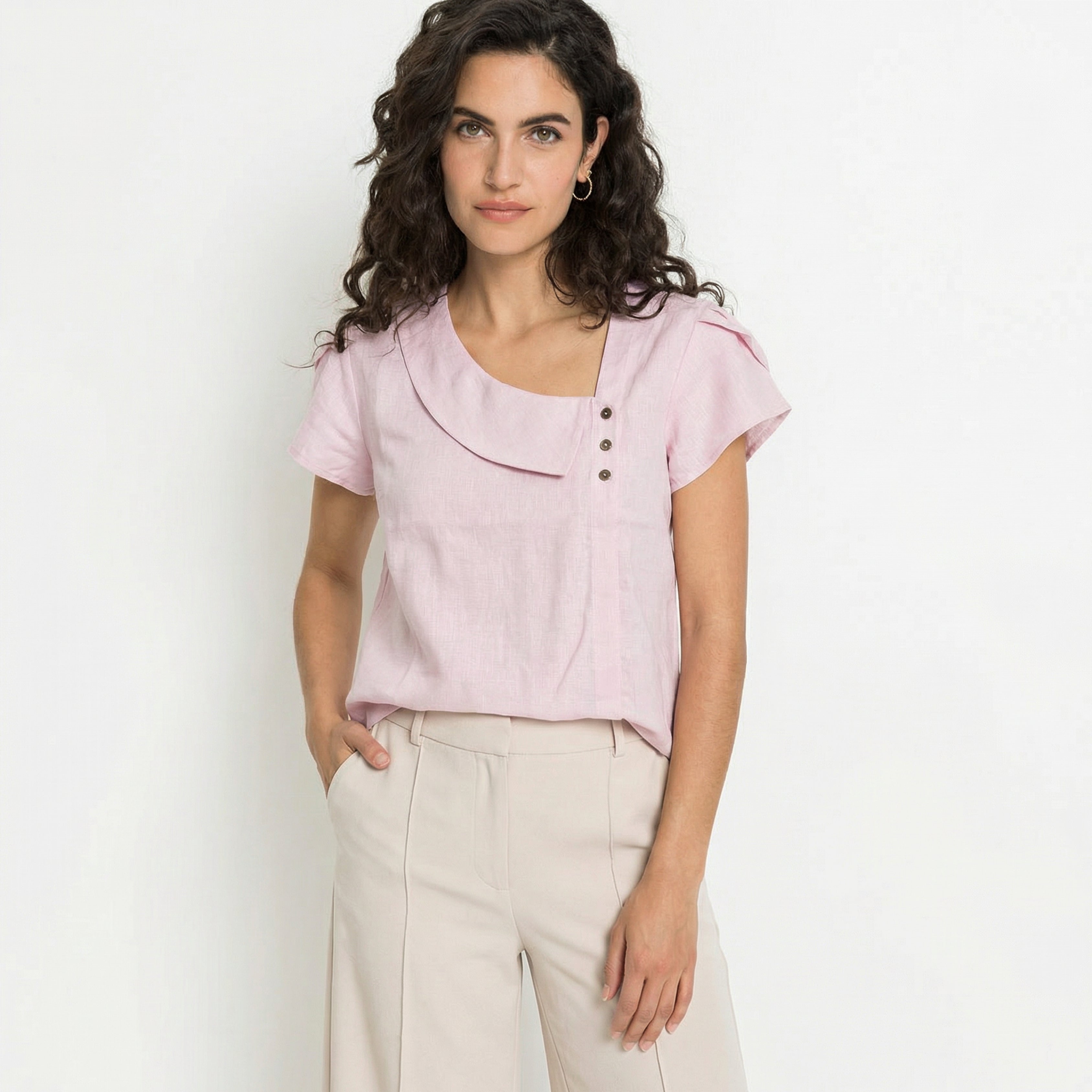 PREMIUM LINEN ASYMMETRICAL BUTTON TOP