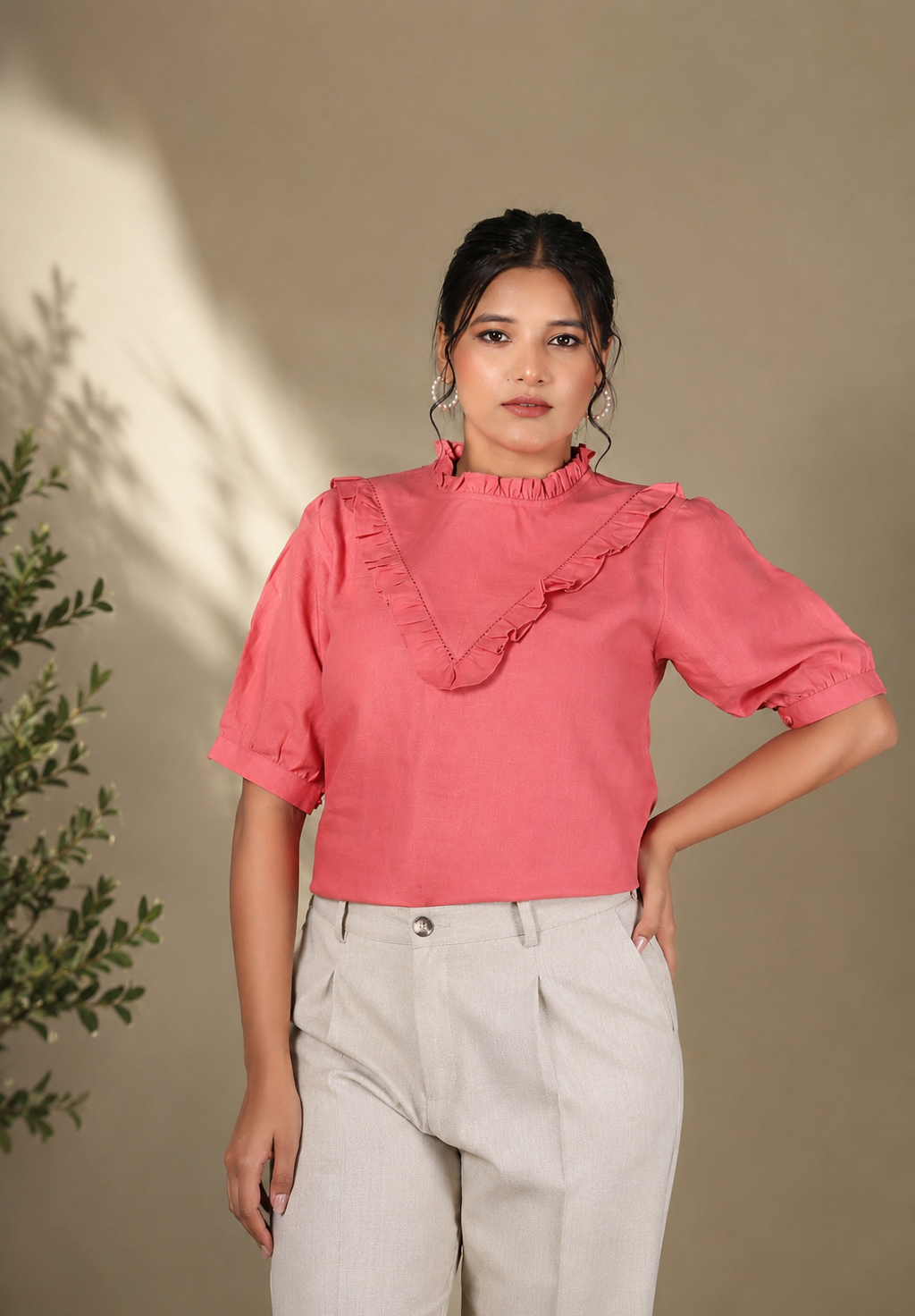 VINTAGE CHARM LINEN TOP WITH RUFFLE YOKE