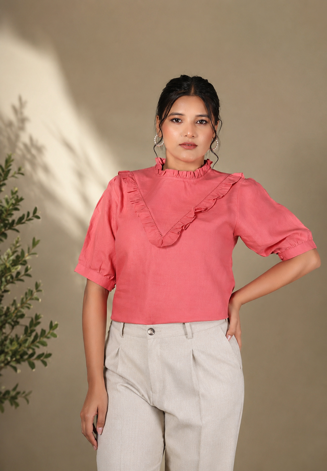VINTAGE CHARM LINEN TOP WITH RUFFLE YOKE