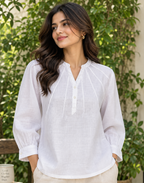 LINEN SPLIT-NECK PINTUCK TOP