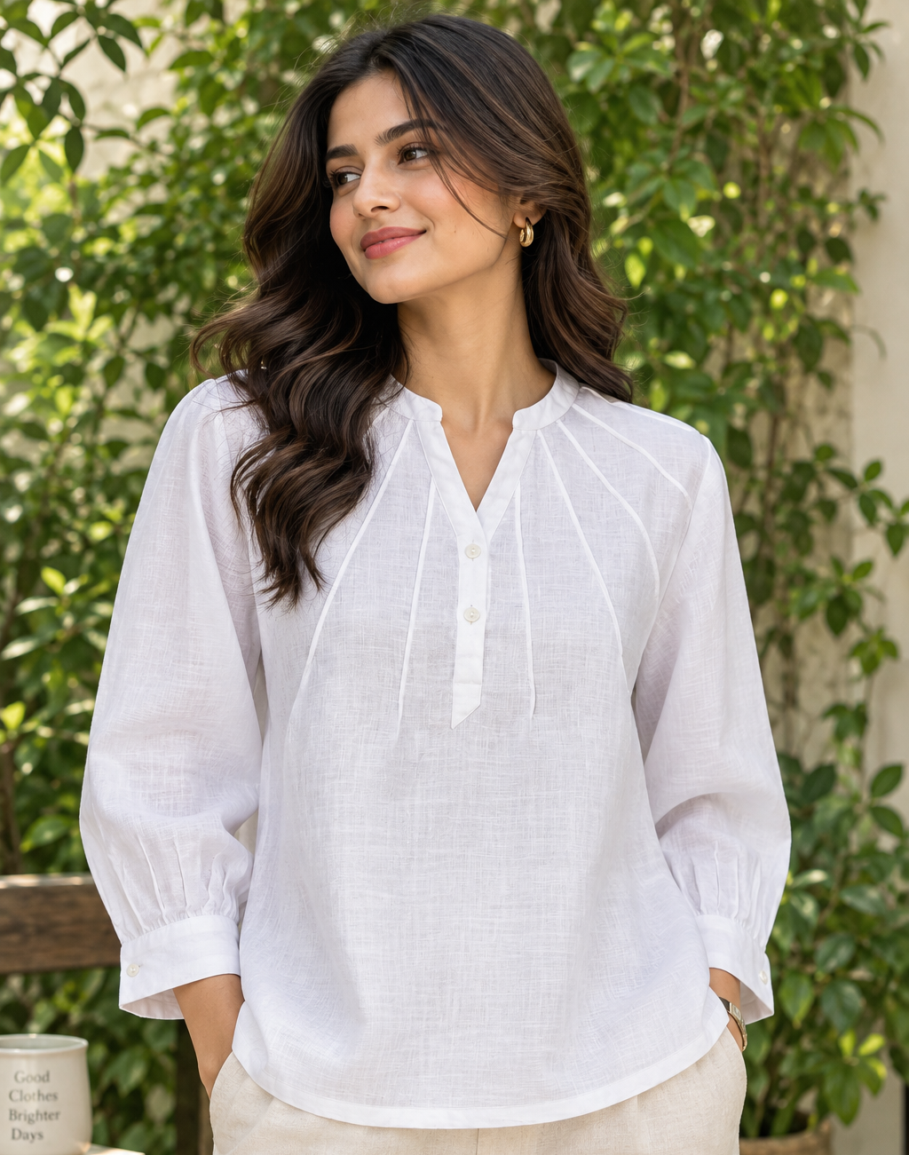 LINEN SPLIT-NECK PINTUCK TOP