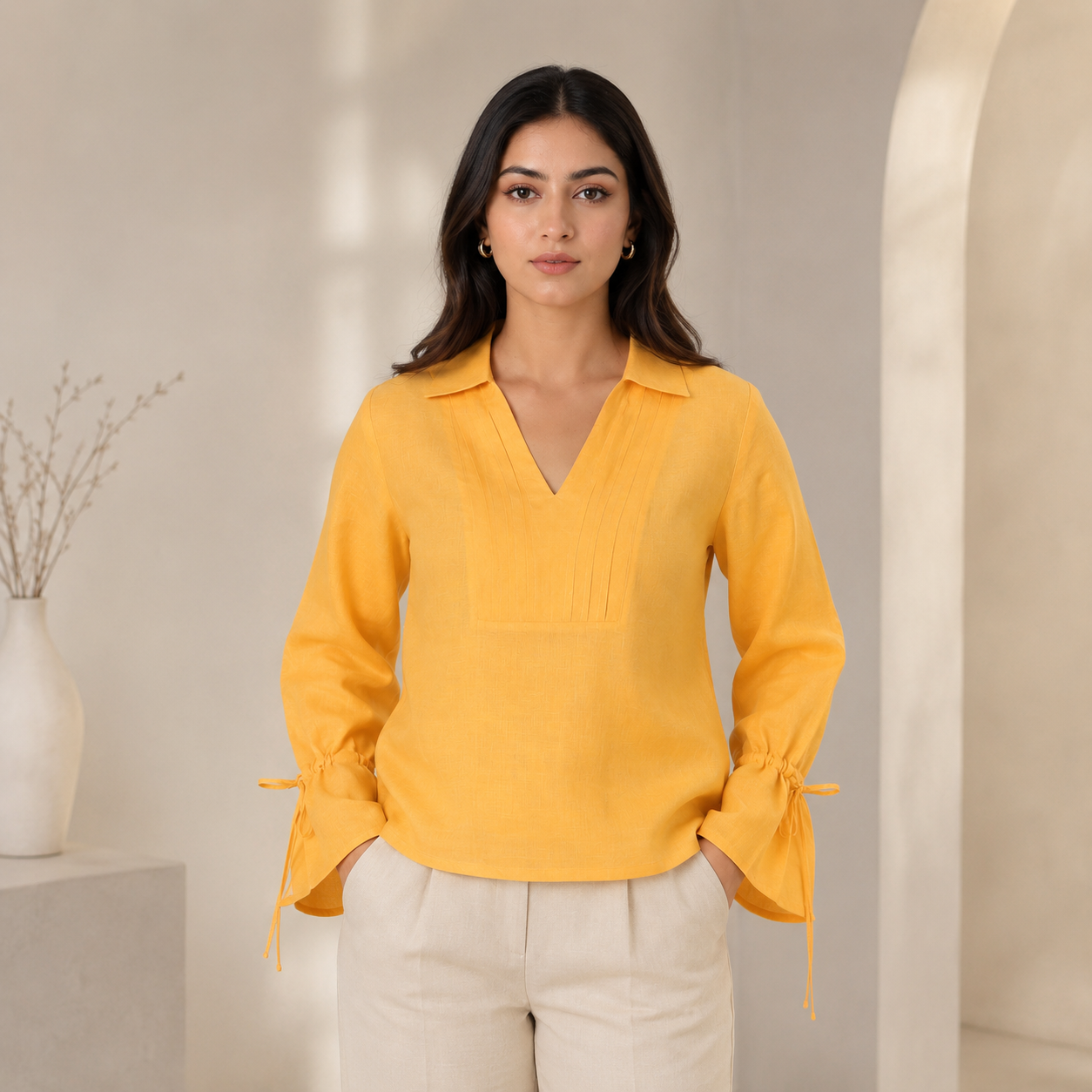 YOKE PLEATED COLLAR TOP