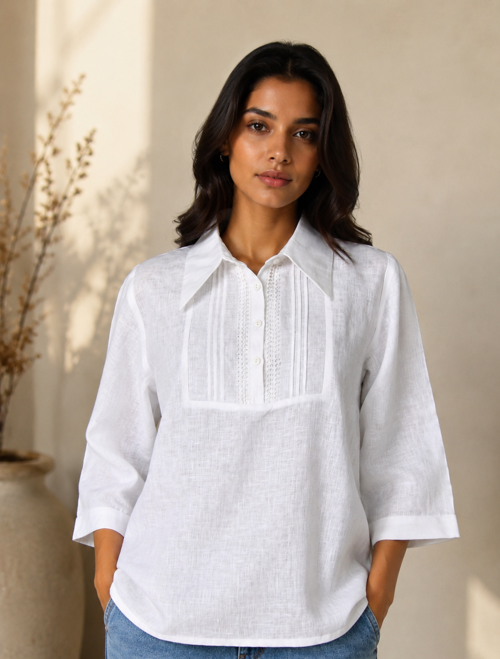 VINTAGE PLEATED FRONT LINEN SHIRT